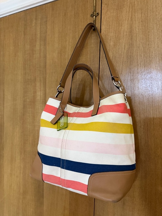 Coach Handbags - Coach Striped Canvas Tote in Coral, Mustard, Navy & Pink with Tan Leather F30041